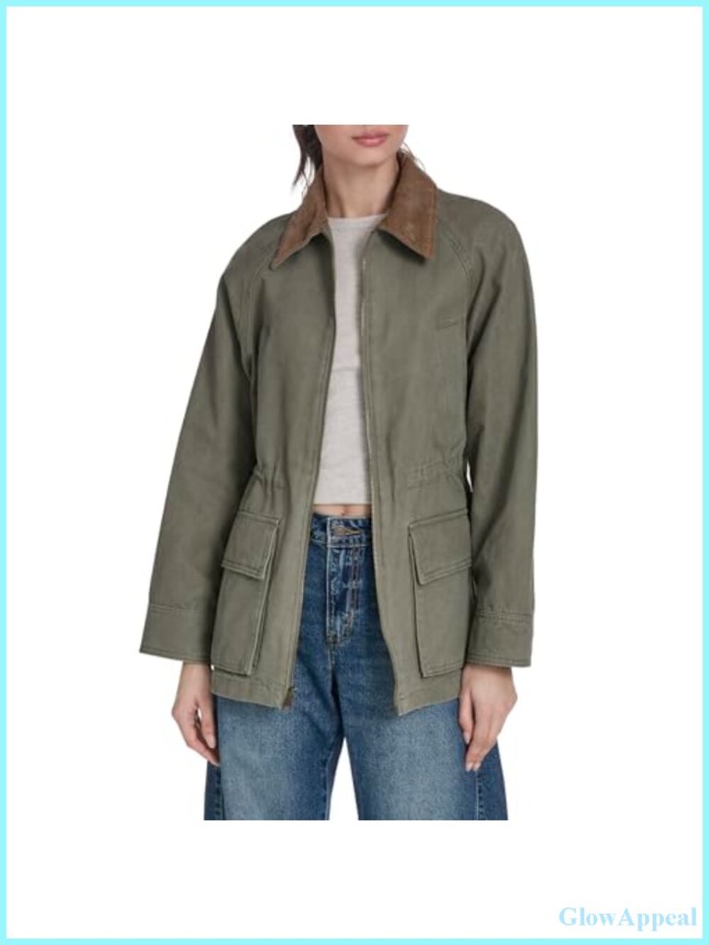 Collared Cotton Barn Jacket Cinch Waist Zip Puff Sleeve Utility
